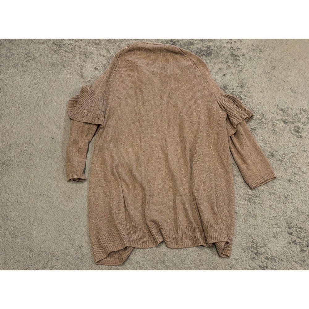 NWOT Express Open Front Cardigan Womens XS Beige Brown Ruffle Shoulder 3/4 - Picture 5 of 5